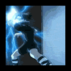 Animated sequence of a character with spiky black hair and dark clothing emitting blue lightning effects in various poses against a muted background.