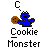 Blue Cookie Monster holding a brown cookie, with text above and below the character in a