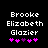 Pixelated text displays 'Brooke Elizabeth Glazier' above five pink and purple heart icons on a black background.