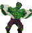 Green-skinned muscular figure in dynamic pose with arms raised, wearing dark pants with purple and red patterns against gray background.
