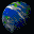 Pixelated globe with blue oceans, green landmasses, and white clouds rotating in a of
