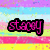 Pixelated image with horizontal color bands, pink cursive text 'stacey', red heart icon, and green blocky text 'COLORS' on a gray background.