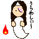 Pixelated character in white dress with long brown hair and pink eye patch, holding red flame icon, with vertical Japanese text between two identical figures.