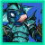 A 3x3 contact sheet of a pixelated animated icon showing a blue armored creature with pink cheeks holding a brown staff, displaying sequential text changes from 'D' to 'DEFENDER' across frames.