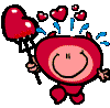 Pixelated red character with pink face holding heart-shaped balloon, smiling with closed eyes and small horns.