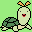 Pixel art contact sheet showing two frames of a cartoon turtle-like character with orange antennae, green shell, and red mouth on light green background.