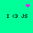 Green background with four identical black text strings 'I <3 JS' arranged in a , each accompanied by a pink pixelated symbol above or below