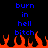 Blue pixelated text reads 'burn in hell bitch' above orange and black flames on a black background.