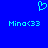 Blue background with cyan pixel art of a heart symbol above two identical text strings reading "Mino<33" in the lower half.