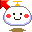 Pixelated white circular character with black square eyes, red cross-shaped cheeks, and a smiling mouth on gray background.