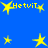 Blue background with yellow stars and repeated text 'Hctvit' in pixelated font, some stars have motion blur effects.