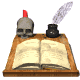 Animated sequence of a book opening on a wooden desk with a skull, inkwell, and feather quill, showing page-turning motion.