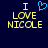 Two side-by-side pixelated text displays on dark blue background, both reading "I LOVE NICOLE" with yellow block letters and a blue heart symbol above the left display.