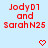 Red text reading "JodyD1 and SarahN25" appears in three with pixelated red hearts above each on a light blue background