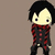 Pixel art character with black hair and red-black checkered shirt, standing against brown background with red text elements.