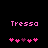Pixelated pink text 'Tressa' above a of five heart symbols on a black background, with the third heart changing color between frames