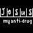 Static black-and-white pixel art icon featuring the word "Jesus" in blocky segmented letters above smaller text reading "my anti-drug" on a solid black background.