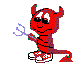 Red devil character with horns, tail, and pitchfork in pixel art style on gray background.