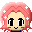 Pixel art avatar with pink hair and white star accents, showing two distinct facial expressions in a static