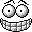Pixelated grayscale icon of a cartoon face with large circular eyes and an exaggerated wide mouth showing teeth, set against a solid gray background.