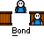 Pixel art animation of a character in blue clothing interacting with brown wooden structures and showing facial expressions, labeled "Bond" below each frame.