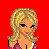 Pixelated cartoon woman with blonde hair and blue eyes in a purple top, red background with text elements.