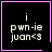 Black square icon with pink border containing white pixelated text 'i pwn-ie juan<3' and a small heart symbol in the bottom-right corner.