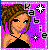 Pixelated cartoon-style buddy icon featuring a woman with brown curly hair wearing a black top against a pink and purple gradient background with scattered star-like symbols.