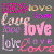 A static image of the word 'love' repeated in various colors and fonts against a gray background.