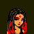 Pixel art contact sheet showing multiple frames of an animated icon featuring a female character with red and black hair, a pentagram symbol, and "100% Evil" text on dark background.