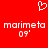 Red background with white pixelated heart symbol above two identical text blocks reading 'marimeta 09'' in lowercase letters.