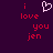 Pixelated red text 'i love you jen' on dark purple background with white heart symbol above 'love'.