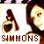 Pixelated static buddy icon featuring a stylized figure with dark hair and light skin on the right, next to a yellowish bottle-like object on the left, with bold text "SIMMONS" at the bottom.