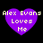 Four purple heart-shaped icons with pixelated text "Alex Evons Loves Me" on black background, each displaying slight variations in text and heart outline rendering.