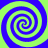 Four identical blue and green spiral patterns arranged in a on a solid background