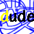 Pixelated blue line art background with repeated 'dude' text in black and yellow, animated to cycle through letter highlighting positions.