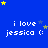 Blue background with yellow and gray stars, repeated text "i love jessica :(" in white pixelated font across the