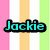 Pixelated text 'Jackie' in cyan with black outline over vertical pastel stripes of pink, white, orange, and green.