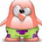Two identical cartoon characters with peach-colored bodies, large gray eyes, and green shorts with purple patches stand side-by-side holding hands.