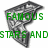 Pixelated grayscale dolphin silhouette overlaid with green blocky text reading "FAMOUS STARS AND" on white background.