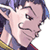 Pixelated anime-style character face with closed eyes and a slight smile, wearing dark clothing with blue accents on the shoulders.