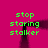 A static image with a bright pink background displays four identical vertical of green pixelated text reading 'stop staring stalker' above and below a central dark vertical shape