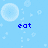 Pixelated blue background with white bubble shapes and scattered small white patterns, displaying the text 'eat my bubbles' in dark blue pixel font.