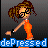 Pixel art icon of a cartoon woman in an orange dress with brown hair and glasses, standing against a gray background with blue text reading "dePRESSED" at the bottom.