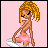 Pixel art character with orange braided hair in pink outfit, seated on white object against pink background, with visible text "May" in center