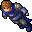 Pixelated character with brown hair and blue-purple armor in two poses against gray background.