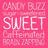 A static image featuring a pink 'CANDY BUZZ SWEET' text , M&M's candies in multiple colors with white 'm' logos, and a large pink candy icon with blue center
