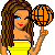 Pixel art of a woman with long brown hair in a yellow strapless dress holding an orange basketball, with two text below