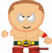 Pixelated cartoon character with light brown skin, angry eyes, and red wristbands; wears green belt with yellow buckle over red pants; multiple poses shown in