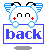 Pixel art buddy icon showing a white cartoon character with blue ears and red cheeks holding a sign that reads 'back' in two animated frames.